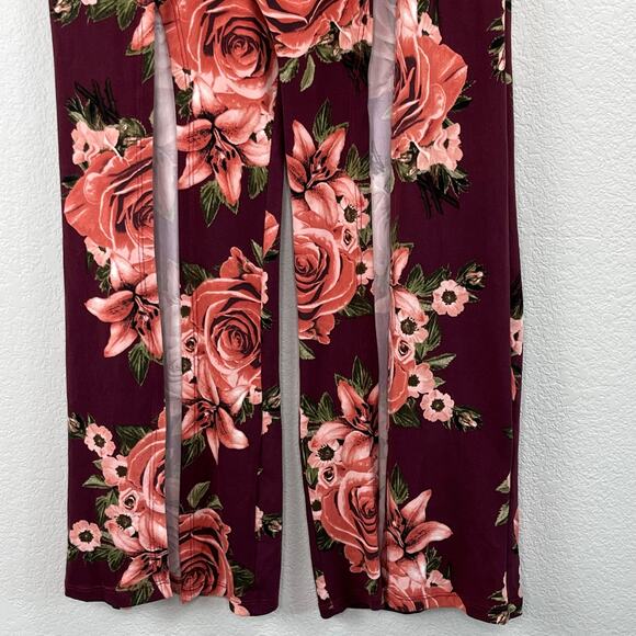Maroon Floral High Rise Front Slit Wide Leg Pull On Palazzo Legging Pants M/L - Picture 5 of 12